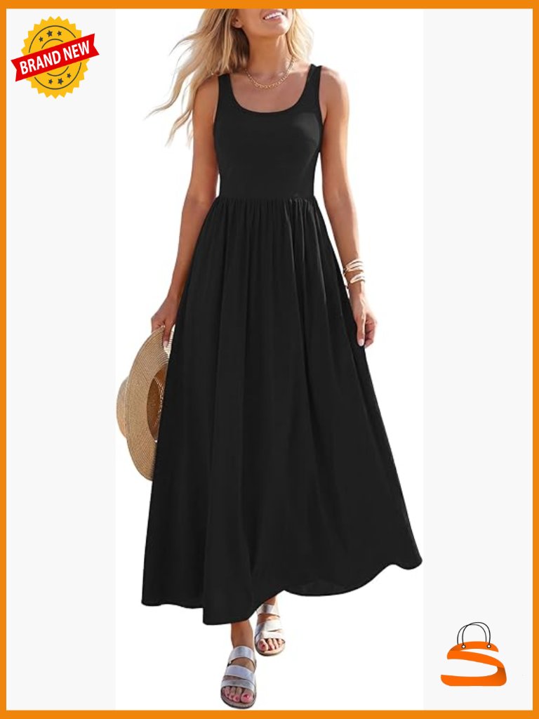 Scoop Neck Sleeveless Maxi Dress With Pockets A-Line Swing